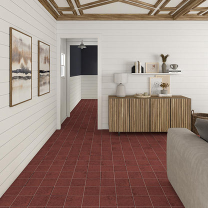 8x8 Quartetto Grid  Natural Concrete-Look Matte Smooth Porcelain Tile Brick Red