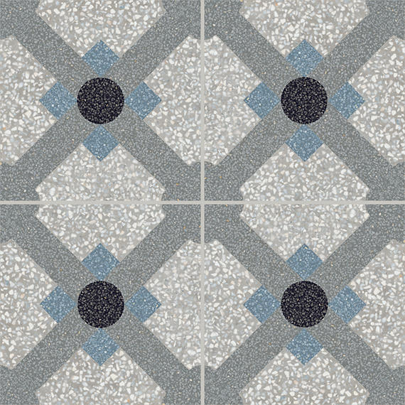 8x8 D_segni Terrazzo Lattice  Patterned Encaustic-Look Matte Smooth Porcelain Tile Blue Gray