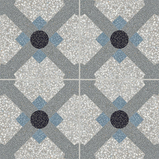 8x8 D_segni Terrazzo Lattice  Patterned Encaustic-Look Matte Smooth Porcelain Tile Blue Gray