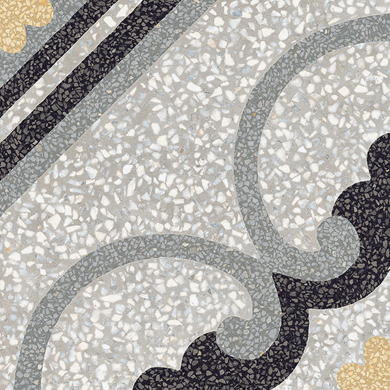 8x8 D_segni Terrazzo Scroll Vine  Patterned Encaustic-Look Matte Smooth Porcelain Tile Charcoal Gray