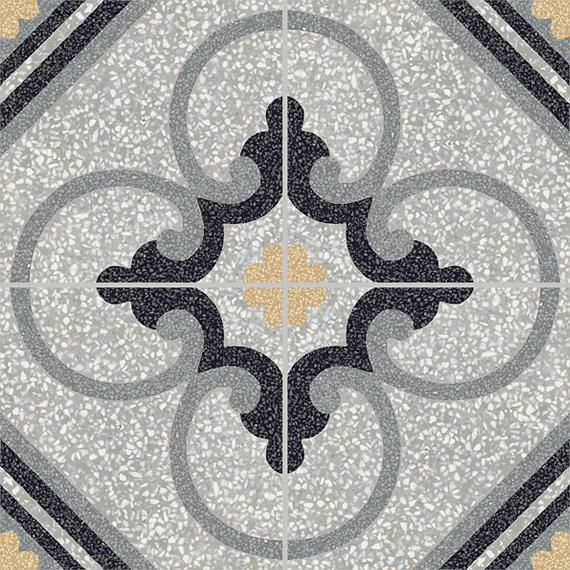 8x8 D_segni Terrazzo Scroll Vine  Patterned Encaustic-Look Matte Smooth Porcelain Tile Charcoal Gray