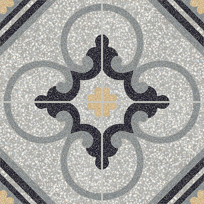 8x8 D_segni Terrazzo Scroll Vine  Patterned Encaustic-Look Matte Smooth Porcelain Tile Charcoal Gray