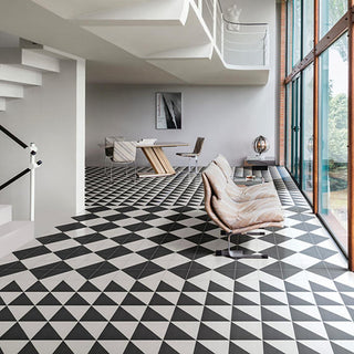Black White - 8x8 Scenario Diamond-Triangle Patterned Concrete-Look Matte Smooth Porcelain Tile