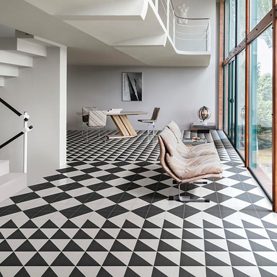 8x8 Scenario Diamond-Triangle  Patterned Concrete-Look Matte Smooth Porcelain Tile Black White