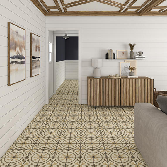 8x8 Quartetto Circle Medallion Patterned Concrete-Look Matte Natural Porcelain Tile Beige Taupe