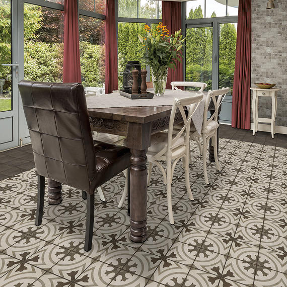8x8 Quartetto Circle Medallion Patterned Concrete-Look Matte Natural Porcelain Tile Deep Taupe
