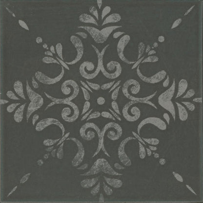8x8 Moroccan Concrete Scroll Vine  Patterned Concrete-Look Matte Smooth Porcelain Tile Dark Gray