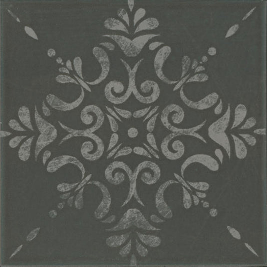 8x8 Moroccan Concrete Scroll Vine  Patterned Concrete-Look Matte Smooth Porcelain Tile Dark Gray