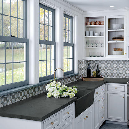 8x8 Quartetto Diamond-Triangle  Patterned Concrete-Look Matte Natural Porcelain Tile Taupe Blue