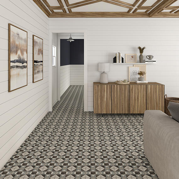 8x8 Quartetto Diamond-Triangle  Patterned Concrete-Look Matte Natural Porcelain Tile Taupe Blue