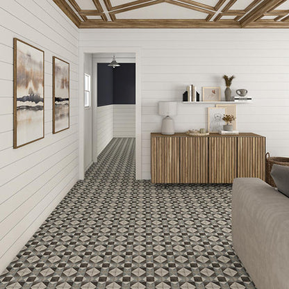 8x8 Quartetto Diamond-Triangle  Patterned Concrete-Look Matte Natural Porcelain Tile Taupe Blue