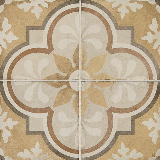 8x8 Quartetto Quatrefoil Petal Floral Patterned Concrete-Look Matte Natural Porcelain Tile Golden Beige