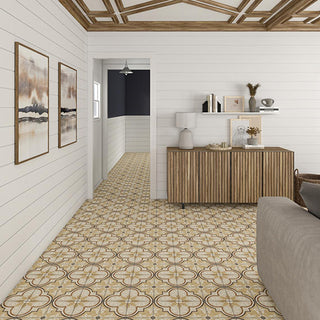 Golden Beige - 8x8 Quartetto Quatrefoil Petal Floral Patterned Concrete-Look Matte Natural Porcelain Tile