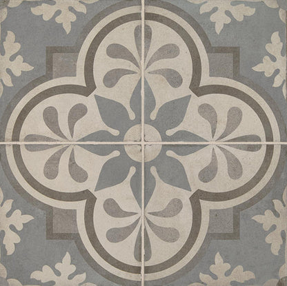 8x8 Quartetto Quatrefoil Petal Floral Patterned Concrete-Look Matte Natural Porcelain Tile Dusty Blue