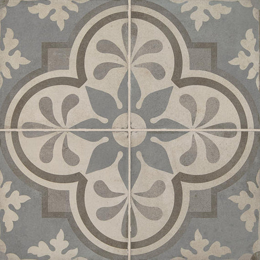 8x8 Quartetto Quatrefoil Petal Floral Patterned Concrete-Look Matte Natural Porcelain Tile Dusty Blue