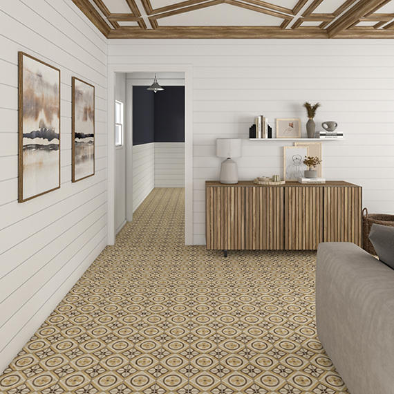 8x8 Quartetto Clover Diamond Patterned Concrete-Look Matte Natural Porcelain Tile Beige Brown