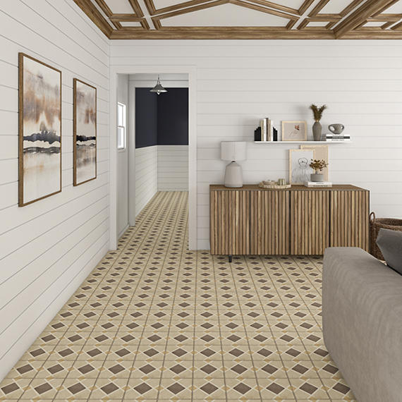 8x8 Quartetto Diamond Grid Patterned Concrete-Look Matte Natural Porcelain Tile Beige Taupe