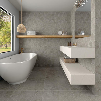 8 Scripter Hexagon  Stepwise Stone-Look Matte Smooth Porcelain Tile Stone Gray