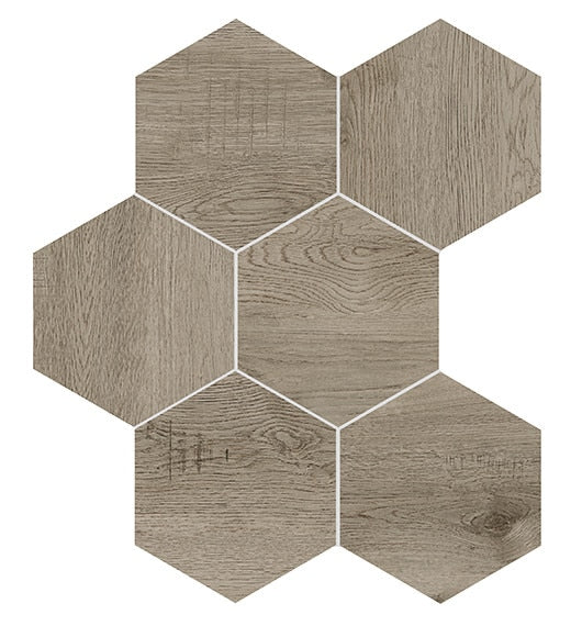 8x9 Sleigh Creek Hexagon  Natural Wood-Look Matte Smooth Porcelain Tile Taupe Wood