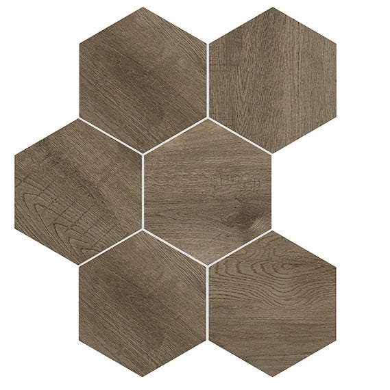 8x9 Sleigh Creek Hexagon  Natural Wood-Look Matte Smooth Porcelain Tile Walnut Wood