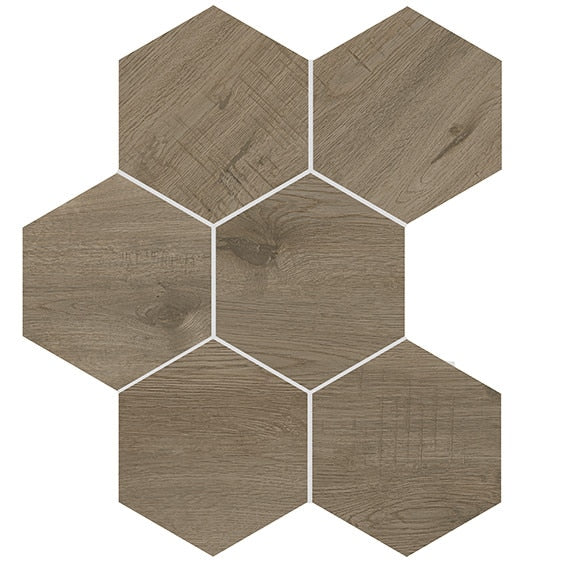 8x9 Sleigh Creek Hexagon  Natural Wood-Look Matte Smooth Porcelain Tile Mocha Wood