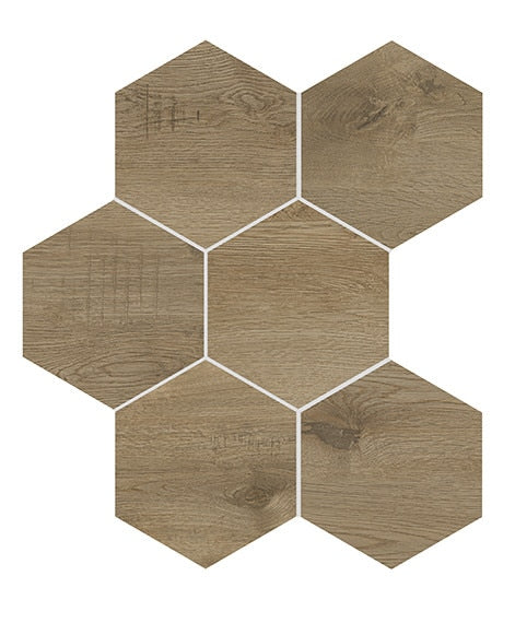 8x9 Sleigh Creek Hexagon  Natural Wood-Look Matte Smooth Porcelain Tile Oak Brown