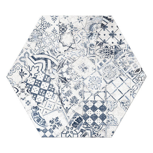 8 Scripter Hexagon Patchwork  Natural Stone-Look Matte Smooth Porcelain Tile Blue White