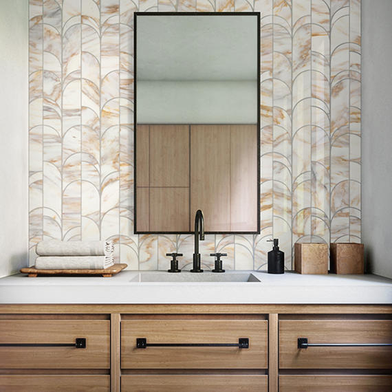 8x19 Gamma Multi-Polygon Ellipse Oval  Mosaic Marble-Look Polished Smooth Stone Tile Golden White