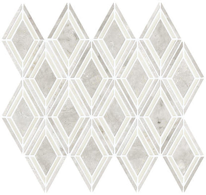 12x13 Decorative Accents Diamond Framed Border  Mosaic Stone-Look Polished Smooth Marble Tile Soft Gray