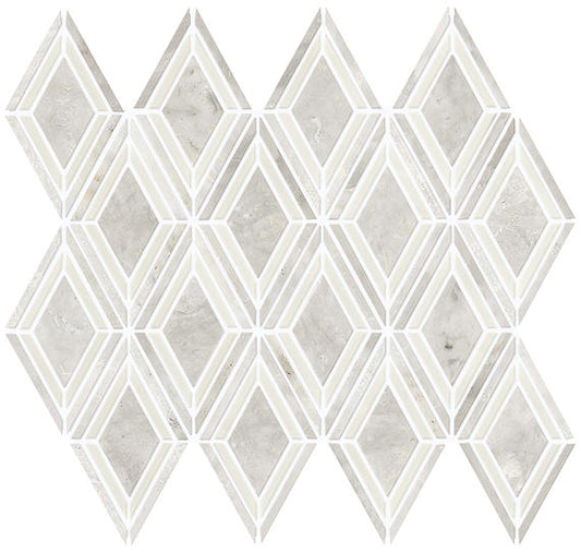 12x13 Decorative Accents Diamond Framed Border  Mosaic Stone-Look Polished Smooth Marble Tile Soft Gray