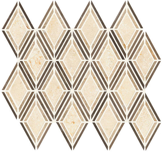 12x13 Decorative Accents Diamond Framed Border  Mosaic Stone-Look Polished Smooth Marble Tile Bright Beige