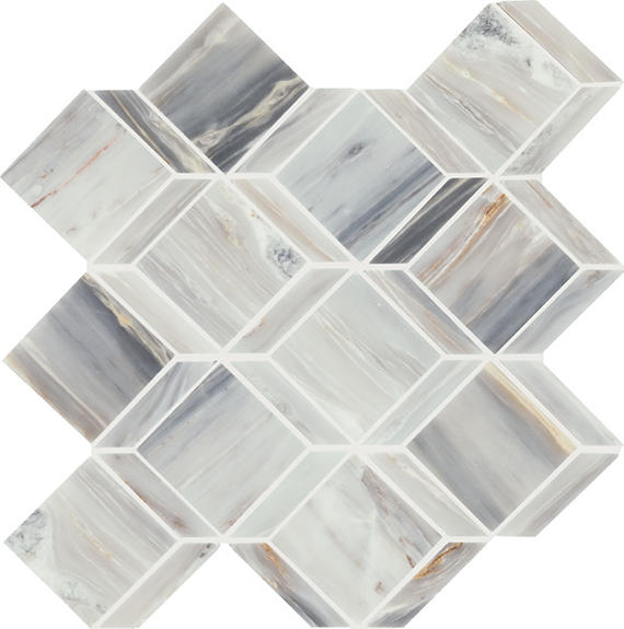 12x12 Gamma Diamond Rhombille Cube  Mosaic Marble-Look Polished Smooth Stone Tile Gray White