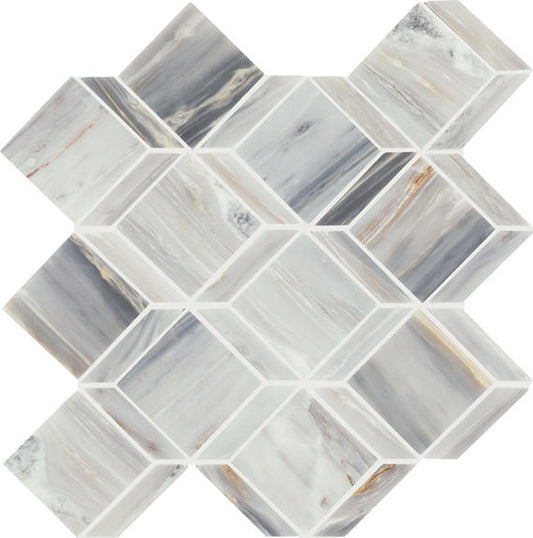 12x12 Gamma Diamond Rhombille Cube  Mosaic Marble-Look Polished Smooth Stone Tile Gray White
