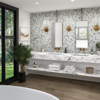 Gray White - 12x12 Gamma Diamond Rhombille Cube Mosaic Marble-Look Polished Smooth Stone Tile