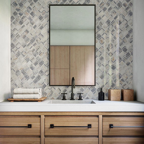 12x12 Gamma Diamond Rhombille Cube  Mosaic Marble-Look Polished Smooth Stone Tile Gray White