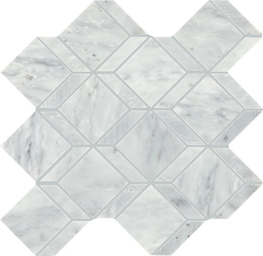 12x12 Gamma Diamond Rhombille Cube  Mosaic Marble-Look Polished Smooth Stone Tile Ice White