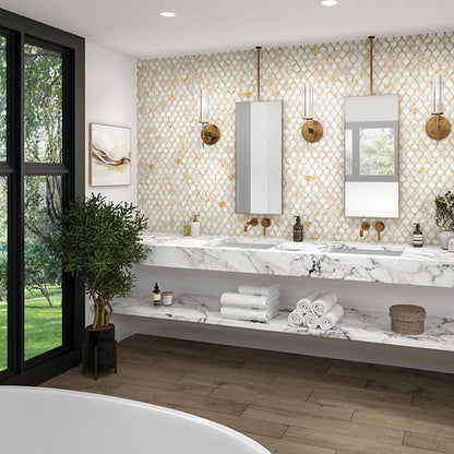 12x12 Gamma Diamond Rhombille Cube  Mosaic Marble-Look Polished Smooth Stone Tile Cream Gold