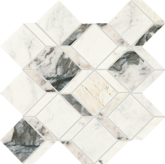 12x12 Gamma Diamond Rhombille Cube  Mosaic Marble-Look Polished Smooth Stone Tile Marble White