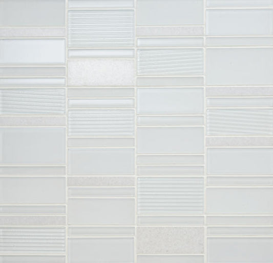 12x12 Serentina Random Pattern Stacked Mosaic Mixed-Material Look Glossy Smooth Glass Tile White