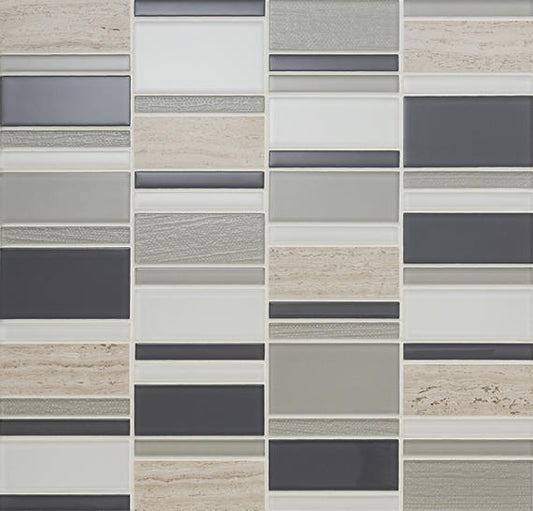 12x12 Serentina Random Pattern Stacked Mosaic Mixed-Material Look Glossy Smooth Glass Tile Gray Beige