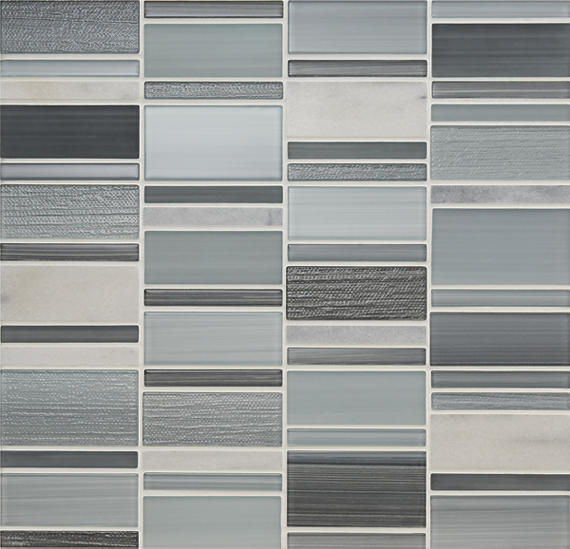 12x12 Serentina Random Pattern Stacked Mosaic Mixed-Material Look Glossy Smooth Glass Tile Gray Blue