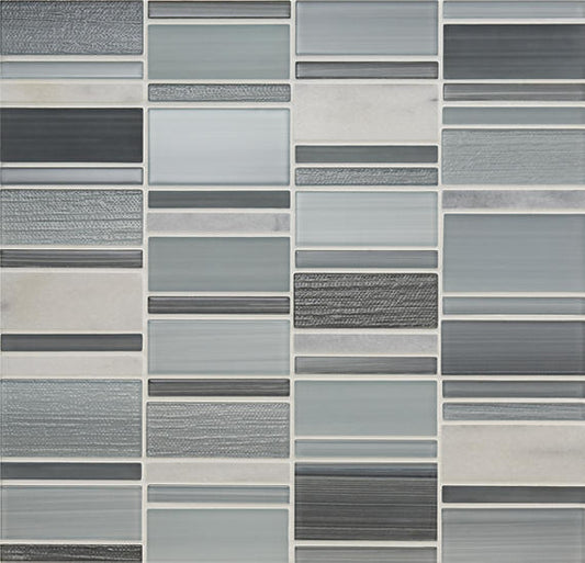 12x12 Serentina Random Pattern Stacked Mosaic Mixed-Material Look Glossy Smooth Glass Tile Gray Blue