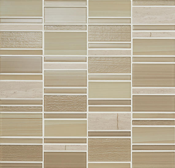 12x12 Serentina Random Pattern Stacked Mosaic Mixed-Material Look Glossy Smooth Glass Tile Beige