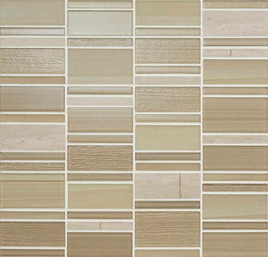 12x12 Serentina Random Pattern Stacked Mosaic Mixed-Material Look Glossy Smooth Glass Tile Beige