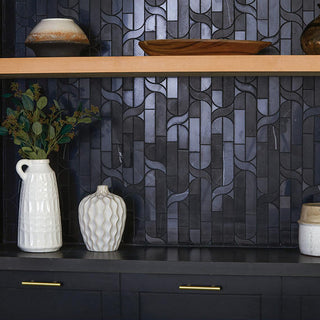Black Marble - 12x11 Pietra Divina Scroll Vine Abstract Pattern Mosaic Marble-Look Polished Smooth Stone Tile