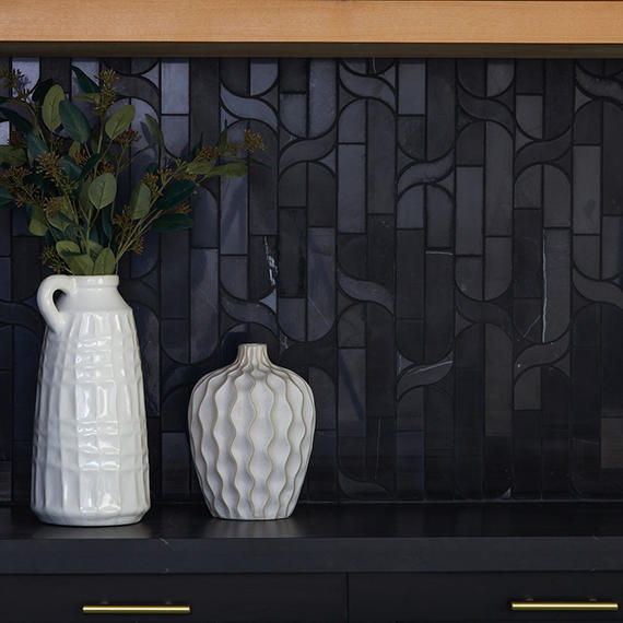 12x11 Pietra Divina Scroll Vine Abstract Pattern Mosaic Marble-Look Polished Smooth Stone Tile Black Marble