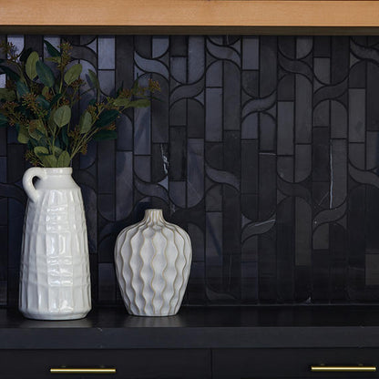12x11 Pietra Divina Scroll Vine Abstract Pattern Mosaic Marble-Look Polished Smooth Stone Tile Black Marble