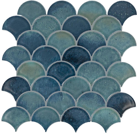 3 Miramo Fan Shell  Mosaic Solid-Color Glossy Smooth Glass Tile Aqua Blue