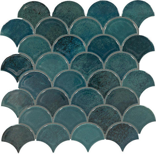 3 Miramo Fan Shell  Mosaic Solid-Color Glossy Smooth Glass Tile Deep Teal