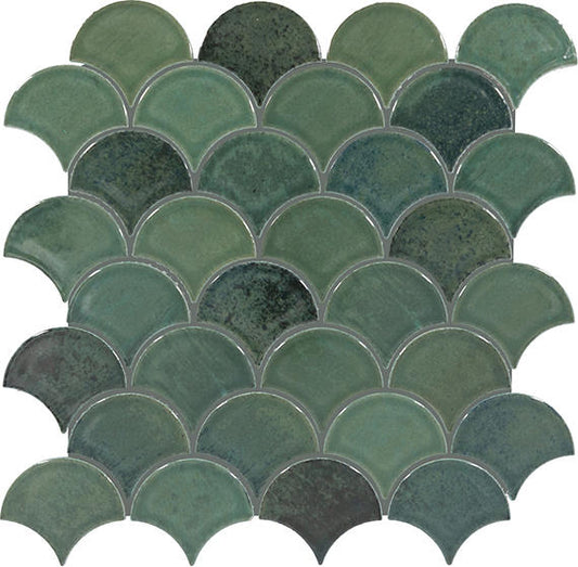 3 Miramo Fan Shell  Mosaic Solid-Color Glossy Smooth Glass Tile Forest Green